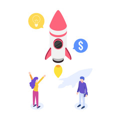 Poster - Modern design concept of Startup project. Successful rocket launch. Landing page template, web banner, infographics. Isometric vector illustration.