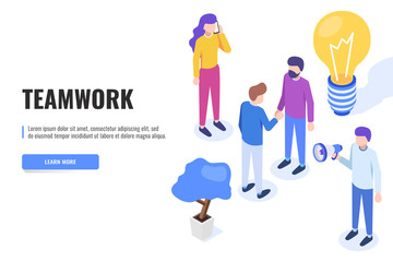 Poster - Teamwork concept. Users work together. Web banner, infographics. Isometric vector illustration.