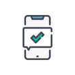 Mobile phone with sms confirmation color line icon. Smartphone with check mark vector outline colorful sign.