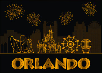 Orlando, Florida. July 23, 2019 Orlando gold lettering on black background. Vector with travel icons and fireworks. Travel Postcard