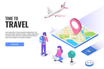 Poster - Time to travel concept. User with a backpack. Web banner, infographics. Isometric vector illustration.