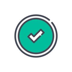 Poster - Circle button with check mark color line icon. Approve vector outline colorful sign.