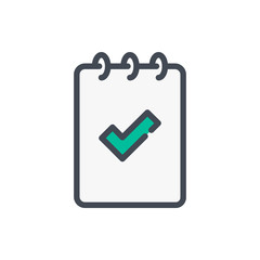 Poster - Notebook with check mark color line icon. Approved information vector outline colorful sign.
