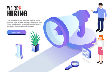 Poster - We are hiring concept. Recruitment agency. User speaks in megaphone. Web banner, infographics. Isometric vector illustration.