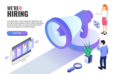 Poster - We are hiring concept. Recruitment agency. User speaks in megaphone. Web banner, infographics. Isometric vector illustration.