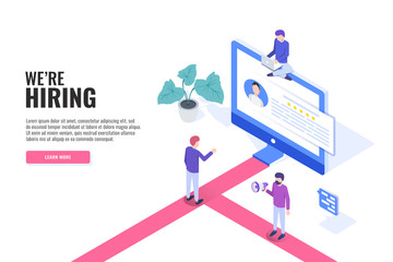 Poster - We are hiring concept. Recruitment agency. Web banner, infographics. Isometric vector illustration.