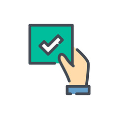 Poster - Hand with paper and check mark color line icon. Receiving confirmation vector outline colorful sign.