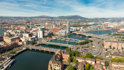 aerial view on river and buildings in city center of belfast northern ireland. drone photo, high ang