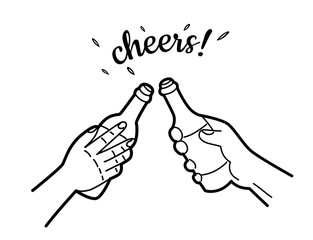 Wall Mural - Hand drawing of cheers. Two hands holding and clinking with two beer bottles