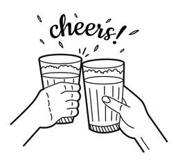Wall Mural - Hand drawing of cheers. Two hands holding glasses of beer. Sketch