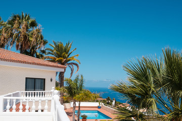 villa with  pool, palm trees and  sea view