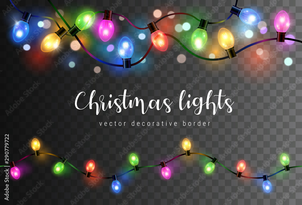 Vector set of realistic glowing colorful christmas lights in seamless pattern isolated on dark background - obrazy, fototapety, plakaty 