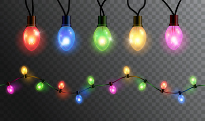 Vector realistic glowing colorful christmas lights in seamless pattern and individual hanging light bulbs isolated on dark background