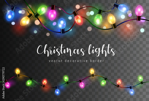 Photographie Vector set of realistic glowing colorful christmas lights in seamless pattern is