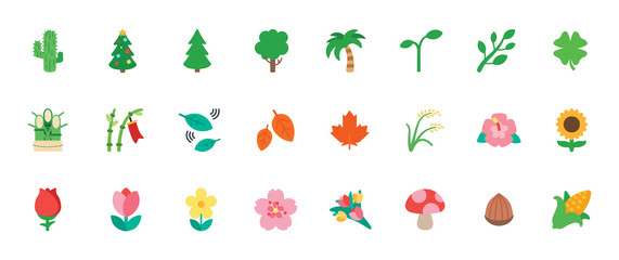 nature, floral icons vector set. trees, flowers, leaves illustration flat style cartoon symbols, emo