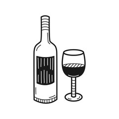 Wall Mural - Hand drawn Bottle of Wine and a Glass isolated on a white. Vector illustration.