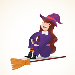 Wall Mural - A cute little witch with a broom. Halloween witch kids costume character design vector on isolated background.