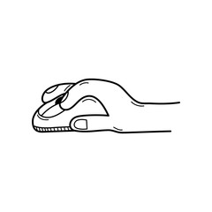 Poster - Hand drawn Hand holds PC mouse isolated on a white. Sketch. Vector illustration.