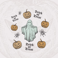 Wall Mural - Trick or Treat Halloween Vector Background or Card Template. Hand Drawn Ghost and Pumpkins with Spider Sketch and Vintage Typography. Holiday Decorative Composition.