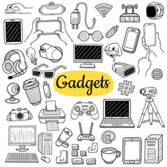 Big collection of gadgets elements. Technology concept. Hand drawn sketch. Vintage vector engraving illustration for poster, web.