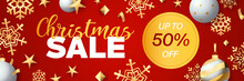 Christmas Sale Banner Design With Discount Tag. Gold Snowflakes, Baubles And Stars On Red Background. Vector Illustration For Advertising Design, Flyer And Poster Templates