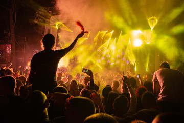 Wall Mural - Young people having fun at rock concert, active lifestyle, fans applauding to famous music band, nightlife, DJ on the stage in the club, crowd dancing on dance-floor, night performance