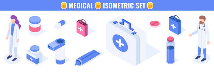 Poster - Medical isometric set. Male and female doctors. Landing page template, web banner, infographics. Isometric vector illustration.