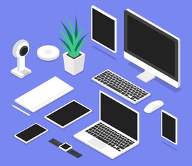 Fototapete - Concept of workplace with computer, laptop, mobile phone, flower and office equipment. On white background. Isometric vector illustration.