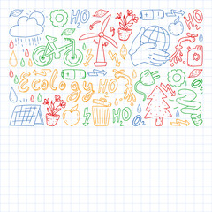 Naklejka na meble Vector logo, design and badge in trendy drawing style - zero waste concept, recycle and reuse, reduce - ecological lifestyle and sustainable developments icons. colorful. drawing on squared notebook.