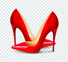 A Pair Of Beautiful Female Shoes On A Transparent Background, Sexy Shoes, Classic. High-heeled Shoes, Patent Leather Shoes. 3D Effect. Vector Illustration. EPS10