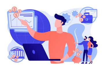 Poster - Finance analyst. Business strategy and budget planning. Financial adviser, top investment advisors, financial advisory services concept. Living coral blue vector isolated illustration