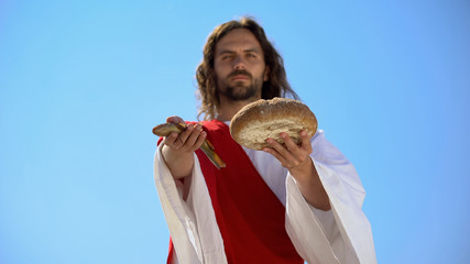 Poster - Jesus showing fish and bread, biblical story, miracle about feeding thousands
