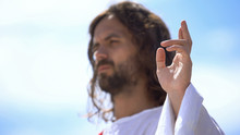 Preacher Showing Blessing Sign Against Blue Sky, Hand Of Benediction, Baptism