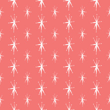 Mid Century Star Seamless Pattern In Coral Pink And White. Retro Styled Mod Look  That Works Well For Christmas,  Winter Decor, Textiles, Fashion And Paper Items. Vector.