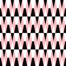 Bold Geometric Seamless Tiled Pattern In Black, Pink And White. Retro Styled Mod Look  That Is Eye Catching For Packaging, Backgrounds, Fashion, Textiles, Paper Items And Decor Accents. Vector.