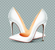 Pair of white female pumps on a transparent background, sexy shoes, wedding day, classic. High-heeled shoes, white patent leather shoes. 3D effect. Vector illustration. EPS10