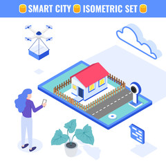 Poster - Smart city concept. Web banner, infographics. Female user with a phone near a house. Isometric vector illustration.