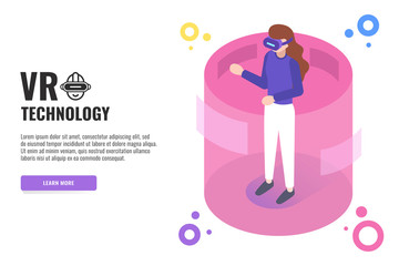 Poster - VR technology concept. Woman wearing VR glasses. Web banner, infographics. Isometric vector illustration.