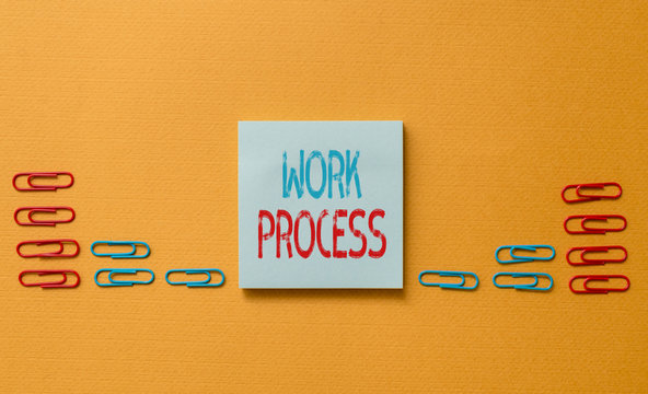 Word writing text Work Process. Business photo showcasing Standard procedures how to handle a particular job rules system Colored blank sticky note clips gathered trendy cool pastel background