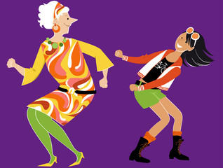 Wall Mural - Elderly woman in 1960s outfit dancing the twist with her teenage granddaughter, EPS 8 vector illustration