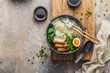Delicious ramen soup with pork, egg and bok choy, copy space