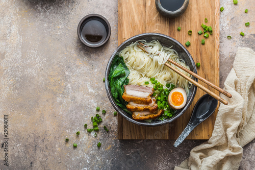 Fotomural Delicious ramen soup with pork, egg and bok choy, copy space