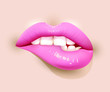 Sexy lips, bite one's lip, female lips with pink lipstick isolated on nude background. 3D effect. Vector illustration. EPS10