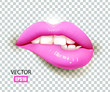 Sexy lips, bite one's lip, female lips with pink lipstick isolated on transparent background. 3D effect. Vector illustration. EPS10