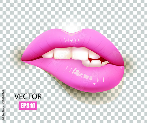 Sexy lips, bite one's lip, female lips with pink lipstick isolated on transparent background Poster Mural XXL