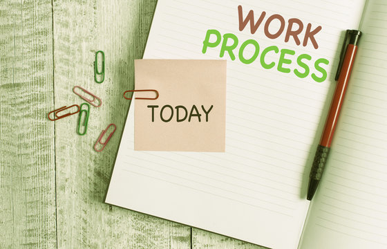 Handwriting text Work Process. Conceptual photo Standard procedures how to handle a particular job rules system Thick pages notebook stationary placed above classic look wooden backdrop