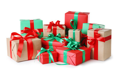 Different Christmas gift boxes on white background