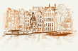 Ilustracja ręcznie wykonana. Przedstawia kamienice w Amsterdamie od stronu kanału