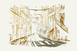 Ilustracja ręcznie wykonana. Przedstawia malowniczą ulicę w solicy Portugalii Lizbonie