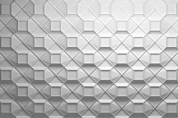 Wall Mural - Repeating white 3d pattern with complex surface made of basic geometric shapes low poly squares triangles and wireframe on top. 3d illustration.